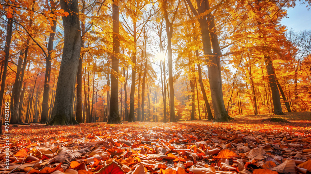 Radiant Autumn Forest Canopy with Golden Leaves and Sun Flares - Majestic Trees in Fall Season Splendor, Tranquil Nature Scenery Background.