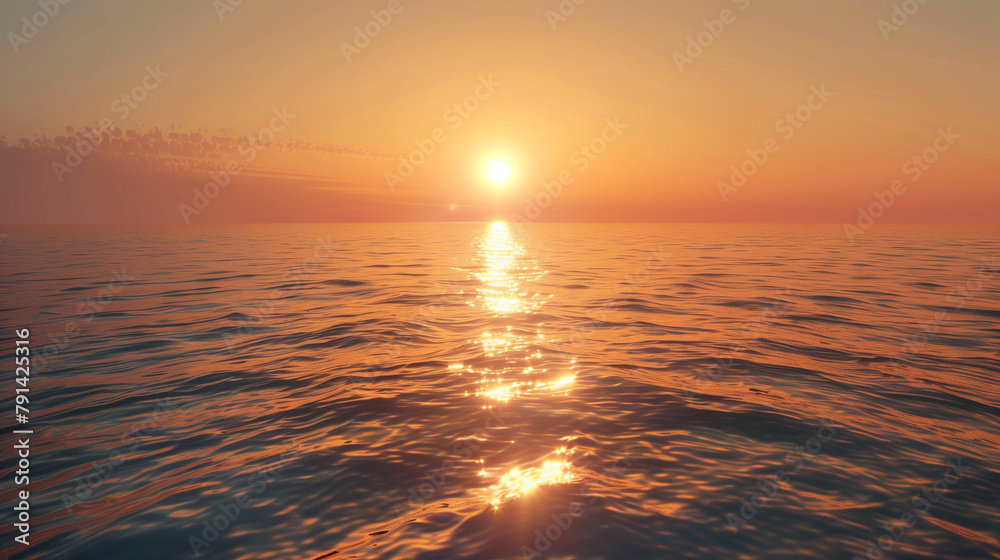 Sunset Over Ocean, Golden Reflection, Tranquil Seascape Sunset Over Ocean, Golden Reflection, Tranquil Seascape