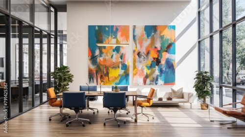 modern office interior with colorful abstract paintings photo