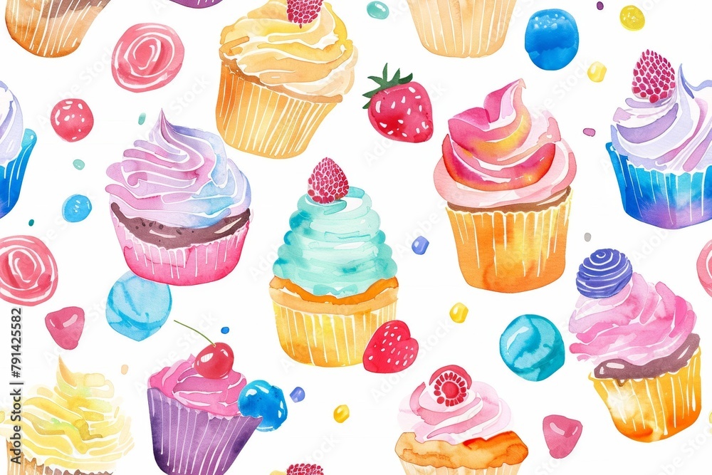 Watercolor cupcakes and desserts seamless pattern Watercolor cupcakes and desserts seamless pattern