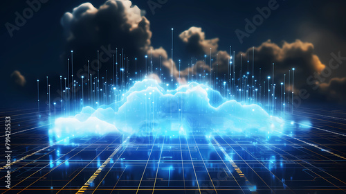 Digital informational technology web futuristic hologram with cloud icon, blue golden light digits and code background, cloud computing. Abstract Motion of digital data flow.