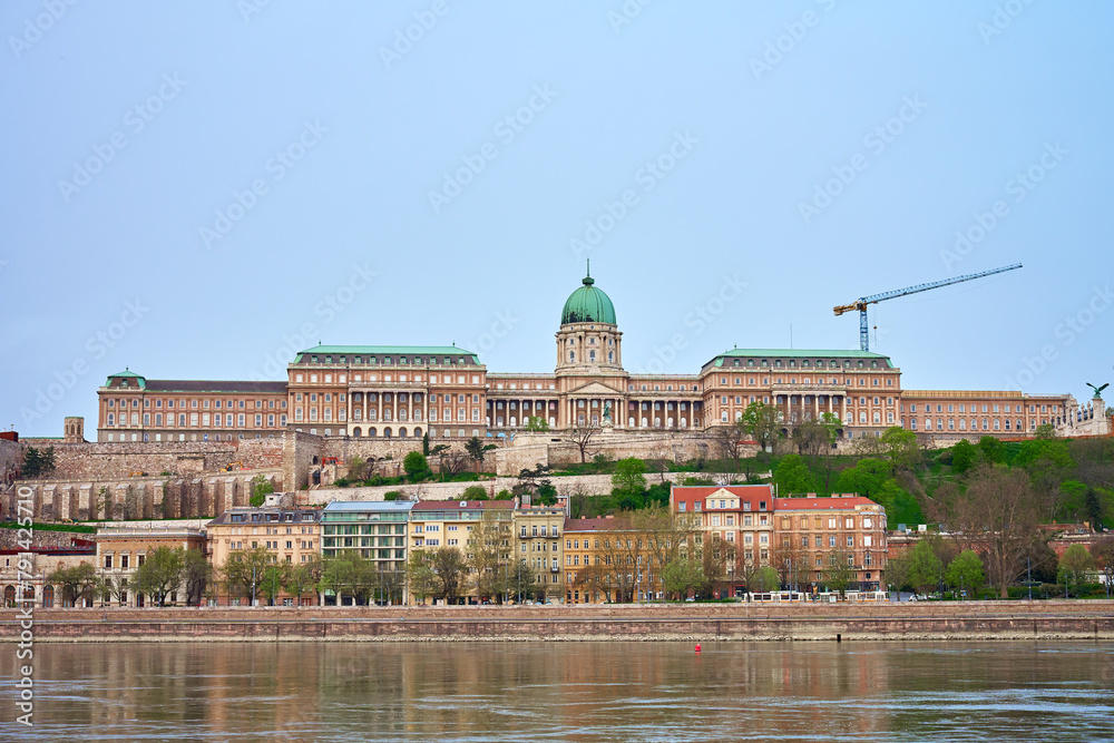 Panoramic view on skyline of Budapest. Grand Buda Castle in capital of Hungary. Historical architecture in Europe