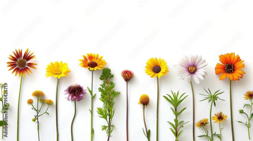 Obraz premium A Vibrant Collection Of Various Colorful Meadow Flowers Arranged on a White Background. Presenting unique shapes and colors, meticulously arranged to highlight their natural beauty.