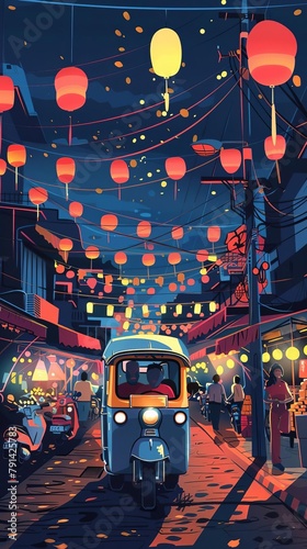 Happy cartoon tuk tuk, bustling through a night market, colorful lights and festive mood photo