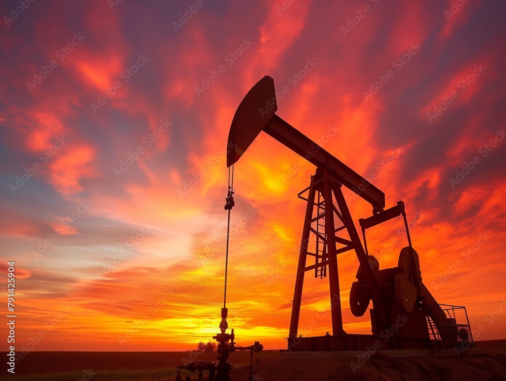 Silhouette of an oil pump jack against a vibrant sunset sky, symbolizing energy production.