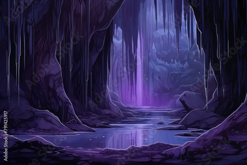 Illustration of a fantasy dark cave with a bright light coming through photo
