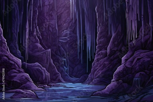 Fantasy cave with water and stalactites, Vector illustration
