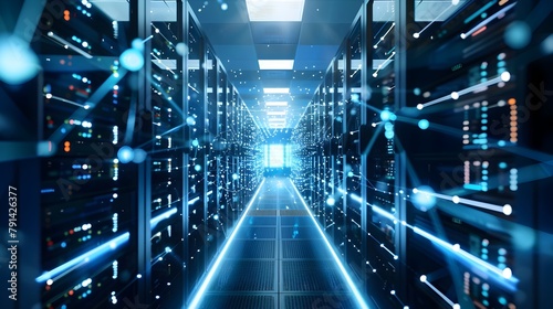 Data Center Server Room with Blue Lights, Network Infrastructure