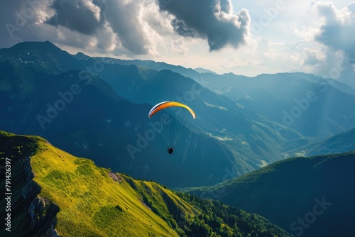 Paragliding concept, paraglider pilot fly in sky on beautiful natureParaglider floating over mountains, Ai generated