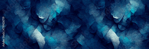 Beautiful abstract panoramic background. Blurred fuzzy shapes in shades of blue. Wide texture background with seamless pattern. Great for design and header. Generative AI.