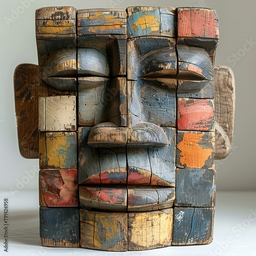Wooden masks of the indigenous peoples of South America on a white background photo