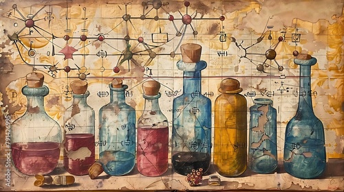 A painting of a table with many different colored bottles on it photo