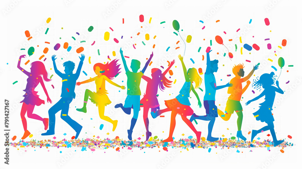 A group of children are jumping and playing in a colorful background. Concept of joy and excitement. The vibrant colors of the background. colorful of youth teeanager for Happy Youth Day concept