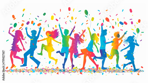 A group of children are jumping and playing in a colorful background. Concept of joy and excitement. The vibrant colors of the background. colorful of youth teeanager for Happy Youth Day concept