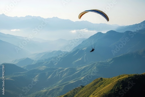Paraglider floating over mountains, Paragliding concept, paraglider pilot fly in sky on beauty natureAi generated