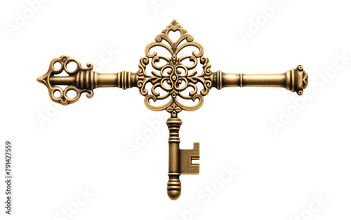 Key-Shaped Brass Pendant Intricate Etching Isolated On Transparent Background PNG.