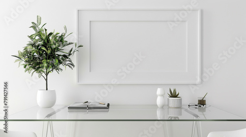 A modern workspace featuring a white empty frame on a crisp white wall  complemented by a sleek glass desk adorned with a cluster of minimalist desk accessories and a single potted plant.