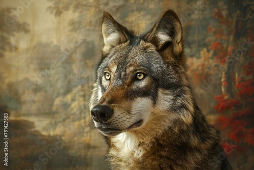 Portrait of a wolf in front of a grunge background