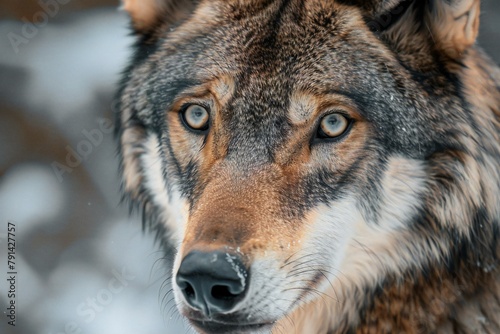 Close-up portrait of a wolf in the winter forest, Portrait of a wolf