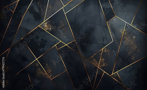 Contemporary mural wallpaper with geometric patterns, featuring golden lines on a dark background. Ideal for interior wall decor at home. Generative AI