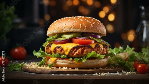 Delicious looking cheeseburger with melted cheese, lettuce, tomato, and onion on a sesame seed bun photo