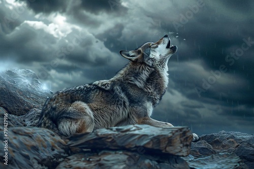 Wolf in the rain - render of a wild wolf in the rain