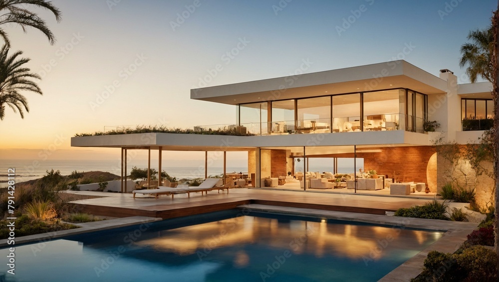 Stunning contemporary villa with clean lines, infinity pool, and breathtaking ocean view during sunset