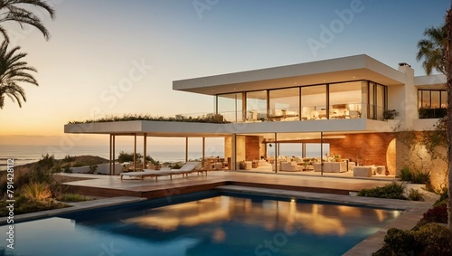 Stunning contemporary villa with clean lines, infinity pool, and breathtaking ocean view during sunset © ArtistiKa