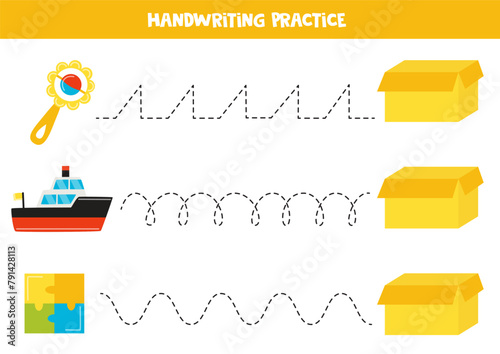 Tracing lines with cute cartoon toys and box. Writing practice.