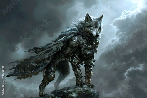 Fantasy illustration of a wolf in armor against a stormy sky