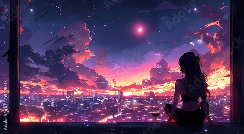 Anime girl observes the city as the sun sets, while a delightful woman appreciates the cityscape beneath the nighttime sky photo