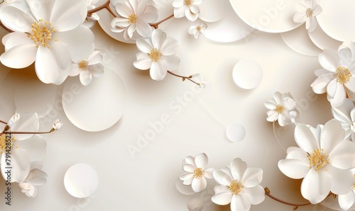 3d classic mural illustration wallpaper background with flowers white circles simple decorative generative ai  Generative AI