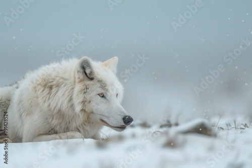 White wolf lying on snow in winter, Wildlife scene from nature
