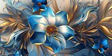 Abstract background with gold and blue flowers, modern luxury mural wall art illustration, Generative AI