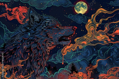 Illustration of a wolf in the night sky, Vector illustration