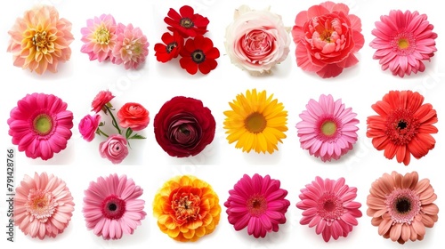 A vibrant collection of various meadow flowers  presenting unique shapes and colors  meticulously arranged on a stark white background to highlight their natural beauty.