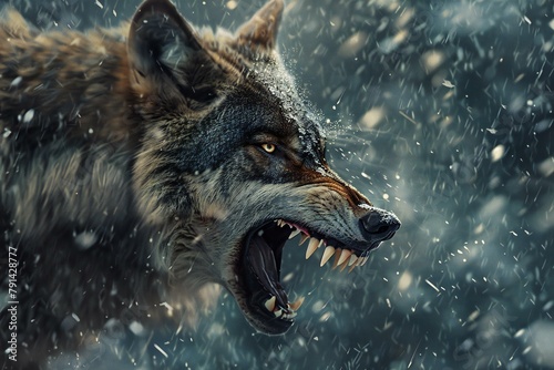 Portrait of a wolf howling at the camera in the snow