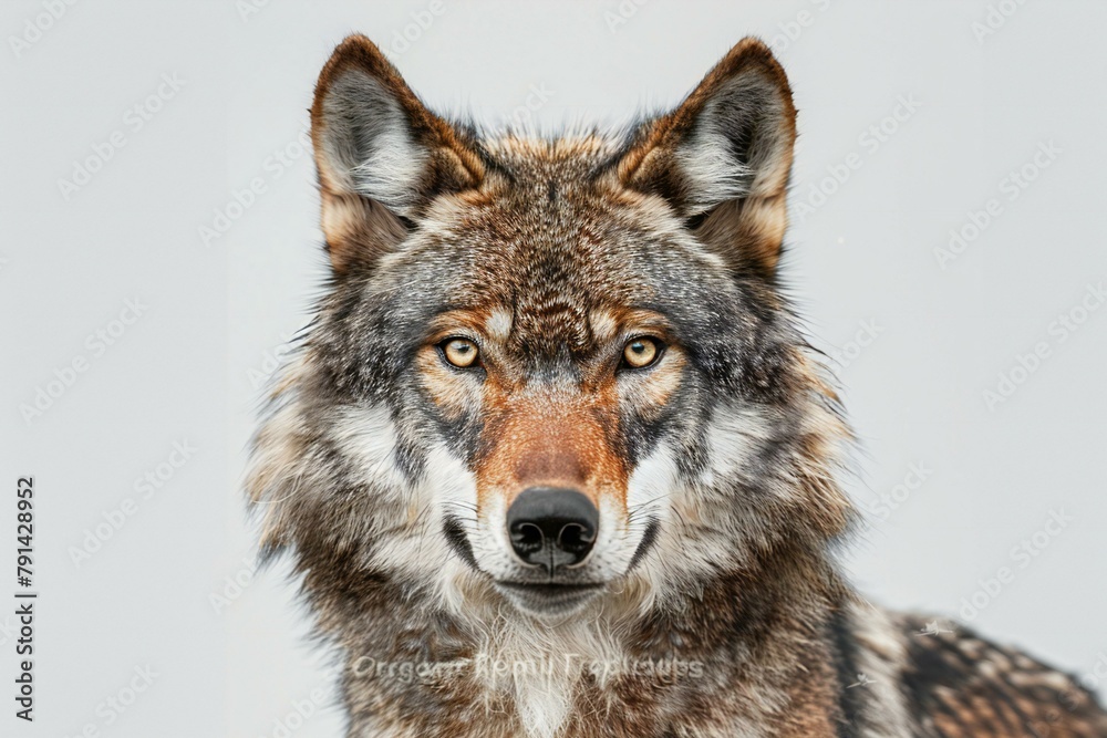 Portrait of a gray wolf on a gray background,  Studio shot