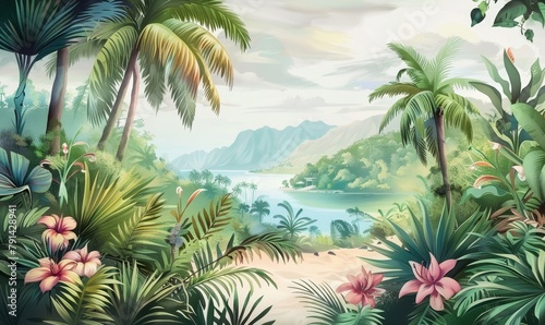 Tropical Exotic Landscape Wallpaper. Hand Drawn Design. Luxury Wall Mural  Generative AI