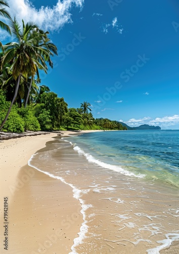 Carribean summer vacation and travel concept photo of sandy beach and ocean tide at tahiti with palms and crystal clear water