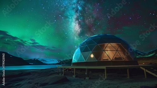 An otherworldly dome structure illuminated by the vibrant hues of the northern lights offering a oneofakind stay under the glow of the Milky Way. 2d flat cartoon.