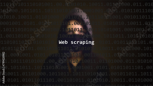 Cyber attack web scraping text in foreground screen, anonymous hacker hidden with hoodie in the blurred background. Vulnerability text in binary system code on editor program.