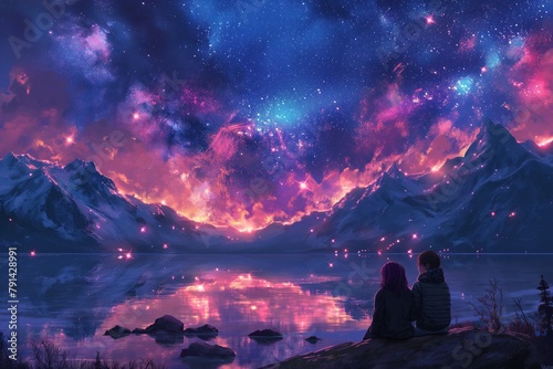 An animated virtual couple in love, set against a landscape background featuring a dark sky with stars and a colorful fractal nebula photo