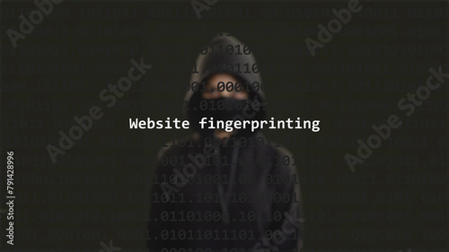 Cyber attack website fingerprinting text in foreground screen, anonymous hacker hidden with hoodie in the blurred background. Vulnerability text in binary system code on editor program.