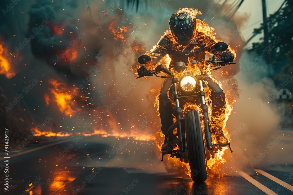 A motorcycle rider on a fiery bike racing down a rural road in scorching heat, Biker in summer