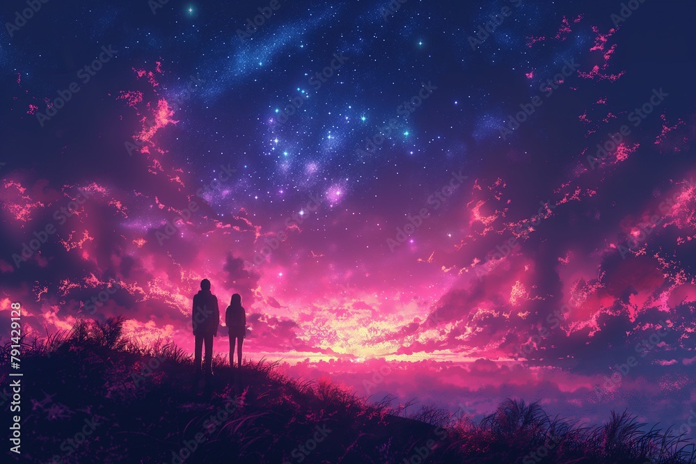 An animated virtual couple in love, set against a landscape background featuring a dark sky with stars and a colorful fractal nebula