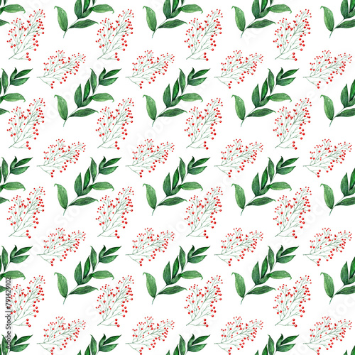 Watercolor seamless pattern with red and orange spring flowers and green leaves