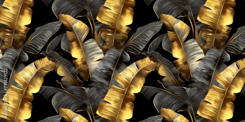 Tropical seamless pattern with stylized banana trees, golden leaves. Hand-drawn vintage 3D illustration. Glamorous exotic abstract background design. Good for luxury wallpapers, cloth, Generative AI
