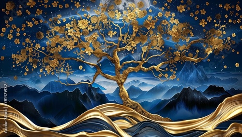 3d modern art mural wallpaper with blue night landscape with dark mountains, giant golden tree and gold waves, Generative AI photo
