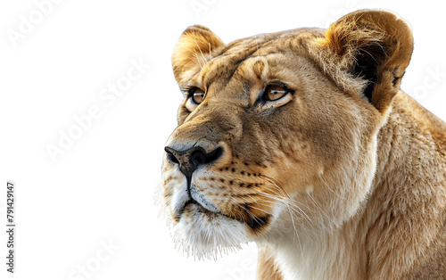 Regal African Lioness Close-Upn Gazing Intently Into the Distance Isolated On Transparent Background PNG.